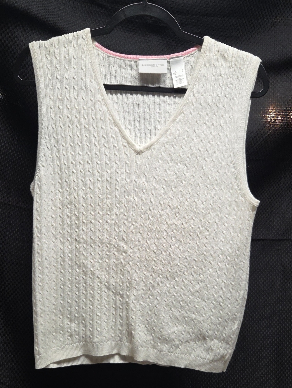 Liz Claiborne Cream V-Neck Cable Knit Sweater Vest with Pink Trim